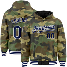 Load image into Gallery viewer, Custom Camo Navy-White Bomber Full-Snap Varsity Letterman Salute To Service Hoodie Jacket
