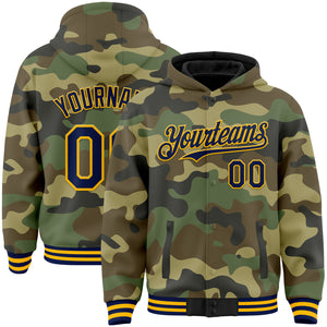 Custom Camo Navy-Gold Bomber Full-Snap Varsity Letterman Salute To Service Hoodie Jacket