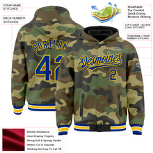 Load image into Gallery viewer, Custom Camo Royal-Yellow Bomber Full-Snap Varsity Letterman Salute To Service Hoodie Jacket
