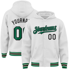 Load image into Gallery viewer, Custom White Kelly Green Black-Cream Bomber Full-Snap Varsity Letterman Hoodie Jacket
