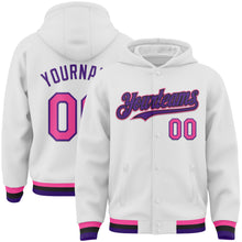 Load image into Gallery viewer, Custom White Pink Purple-Black Bomber Full-Snap Varsity Letterman Hoodie Jacket
