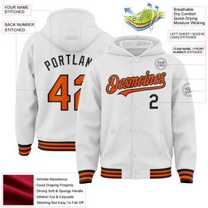 Custom White Orange-Black Bomber Full-Snap Varsity Letterman Hoodie Jacket