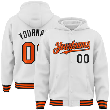 Custom White Orange-Black Bomber Full-Snap Varsity Letterman Hoodie Jacket