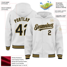 Load image into Gallery viewer, Custom White Black-Old Gold Bomber Full-Snap Varsity Letterman Hoodie Jacket
