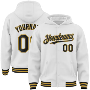 Custom White Black-Old Gold Bomber Full-Snap Varsity Letterman Hoodie Jacket