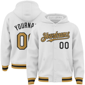 Custom White Old Gold-Black Bomber Full-Snap Varsity Letterman Hoodie Jacket