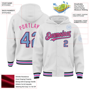 Custom White Light Blue Black-Pink Bomber Full-Snap Varsity Letterman Hoodie Jacket