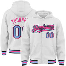 Load image into Gallery viewer, Custom White Light Blue Black-Pink Bomber Full-Snap Varsity Letterman Hoodie Jacket
