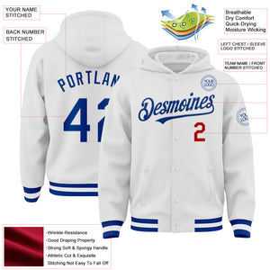 Custom White Royal-Red Bomber Full-Snap Varsity Letterman Hoodie Jacket