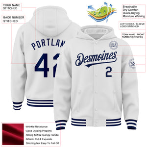 Custom White Navy Bomber Full-Snap Varsity Letterman Hoodie Jacket