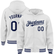 Load image into Gallery viewer, Custom White Navy Bomber Full-Snap Varsity Letterman Hoodie Jacket
