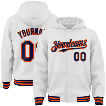 Custom White Navy-Orange Bomber Full-Snap Varsity Letterman Hoodie Jacket