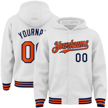 Custom White Orange-Navy Bomber Full-Snap Varsity Letterman Hoodie Jacket