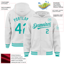 Load image into Gallery viewer, Custom White Aqua Bomber Full-Snap Varsity Letterman Hoodie Jacket
