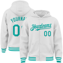 Load image into Gallery viewer, Custom White Aqua Bomber Full-Snap Varsity Letterman Hoodie Jacket
