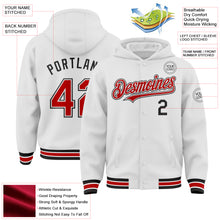 Load image into Gallery viewer, Custom White Red-Black Bomber Full-Snap Varsity Letterman Hoodie Jacket
