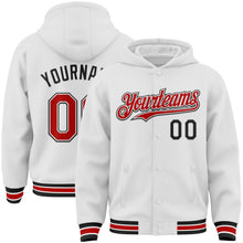 Load image into Gallery viewer, Custom White Red-Black Bomber Full-Snap Varsity Letterman Hoodie Jacket
