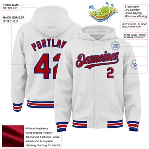 Custom White Red-Royal Bomber Full-Snap Varsity Letterman Hoodie Jacket