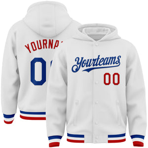 Custom White Royal-Red Bomber Full-Snap Varsity Letterman Hoodie Jacket