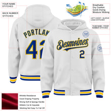 Load image into Gallery viewer, Custom White Royal-Yellow Bomber Full-Snap Varsity Letterman Hoodie Jacket
