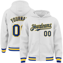 Load image into Gallery viewer, Custom White Royal-Yellow Bomber Full-Snap Varsity Letterman Hoodie Jacket
