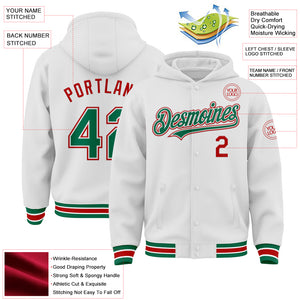 Custom White Kelly Green-Red Bomber Full-Snap Varsity Letterman Hoodie Jacket