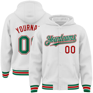 Custom White Kelly Green-Red Bomber Full-Snap Varsity Letterman Hoodie Jacket