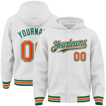 Custom White Orange-Kelly Green Bomber Full-Snap Varsity Letterman Hoodie Jacket