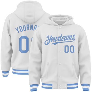 Custom White Light Blue Bomber Full-Snap Varsity Letterman Hoodie Jacket