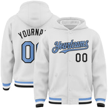 Load image into Gallery viewer, Custom White Light Blue-Black Bomber Full-Snap Varsity Letterman Hoodie Jacket
