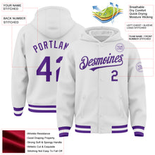 Load image into Gallery viewer, Custom White Purple Bomber Full-Snap Varsity Letterman Hoodie Jacket
