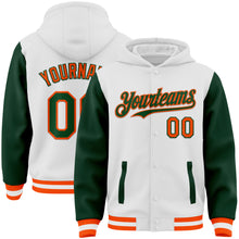 Load image into Gallery viewer, Custom White Green-Orange Bomber Full-Snap Varsity Letterman Two Tone Hoodie Jacket
