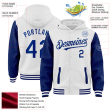 Load image into Gallery viewer, Custom White Royal Bomber Full-Snap Varsity Letterman Two Tone Hoodie Jacket
