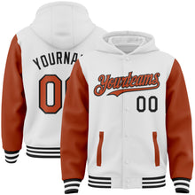 Load image into Gallery viewer, Custom White Texas Orange-Black Bomber Full-Snap Varsity Letterman Two Tone Hoodie Jacket
