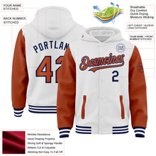 Load image into Gallery viewer, Custom White Texas Orange-Navy Bomber Full-Snap Varsity Letterman Two Tone Hoodie Jacket
