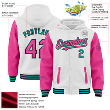 Load image into Gallery viewer, Custom White Pink Black-Teal Bomber Full-Snap Varsity Letterman Two Tone Hoodie Jacket
