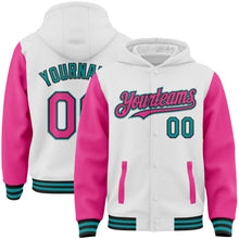 Load image into Gallery viewer, Custom White Pink Black-Teal Bomber Full-Snap Varsity Letterman Two Tone Hoodie Jacket
