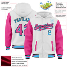 Load image into Gallery viewer, Custom White Pink Black-Sky Blue Bomber Full-Snap Varsity Letterman Two Tone Hoodie Jacket
