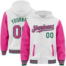 Load image into Gallery viewer, Custom White Pink-Kelly Green Bomber Full-Snap Varsity Letterman Two Tone Hoodie Jacket
