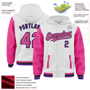 Custom White Pink Black-Purple Bomber Full-Snap Varsity Letterman Two Tone Hoodie Jacket