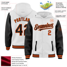 Load image into Gallery viewer, Custom White Black-Orange Bomber Full-Snap Varsity Letterman Two Tone Hoodie Jacket
