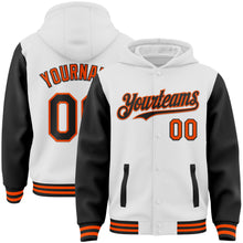 Load image into Gallery viewer, Custom White Black-Orange Bomber Full-Snap Varsity Letterman Two Tone Hoodie Jacket
