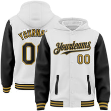 Load image into Gallery viewer, Custom White Black-Old Gold Bomber Full-Snap Varsity Letterman Two Tone Hoodie Jacket
