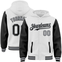 Load image into Gallery viewer, Custom White Black-Gray Bomber Full-Snap Varsity Letterman Two Tone Hoodie Jacket
