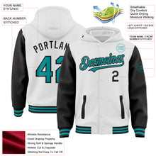 Load image into Gallery viewer, Custom White Teal-Black Bomber Full-Snap Varsity Letterman Two Tone Hoodie Jacket
