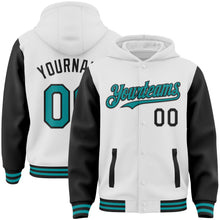 Load image into Gallery viewer, Custom White Teal-Black Bomber Full-Snap Varsity Letterman Two Tone Hoodie Jacket
