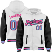 Load image into Gallery viewer, Custom White Light Blue Black-Pink Bomber Full-Snap Varsity Letterman Two Tone Hoodie Jacket
