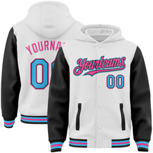 Load image into Gallery viewer, Custom White Sky Blue Black-Pink Bomber Full-Snap Varsity Letterman Two Tone Hoodie Jacket
