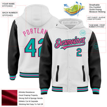 Load image into Gallery viewer, Custom White Aqua Black-Pink Bomber Full-Snap Varsity Letterman Two Tone Hoodie Jacket
