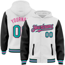 Load image into Gallery viewer, Custom White Aqua Black-Pink Bomber Full-Snap Varsity Letterman Two Tone Hoodie Jacket
